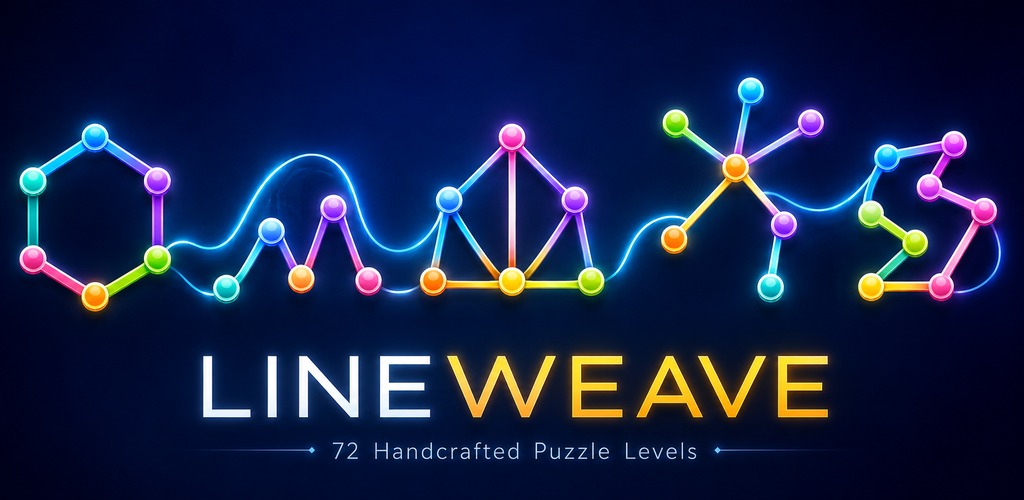 A series of colorful, glowing LineWeave puzzle networks on a dark blue background.